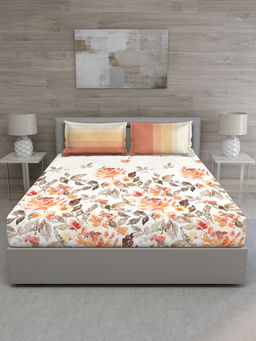 GM - Orange White Floral 144 TC Cotton Queen Bedsheet with 2 Pillow Covers (Set of 3)