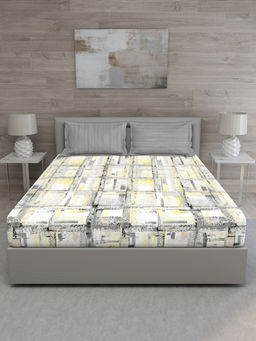 GM - Yellow Grey Abstract 144 TC Cotton Queen Bedsheet with 2 Pillow Covers (Set of 3)