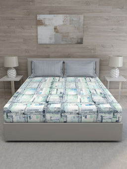 GM - Blue Grey Geometric 144 TC Cotton Queen Bedsheet with 2 Pillow Covers (Set of 3)