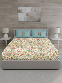 GM - Yellow Blue Ethnic Motifs 150 TC Cotton Queen Bedsheet with 2 Pillow Covers (Set of 3)