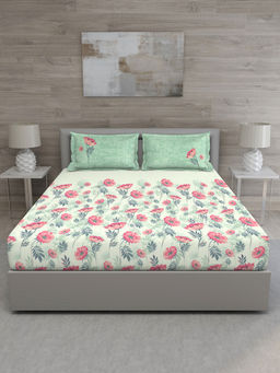 GM - Green Pink Floral 144 TC Cotton Queen Bedsheet with 2 Pillow Covers (Set of 3)
