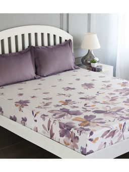 GM - White Purple Floral Flat 180 TC Cotton Extra Large Bedsheet with 2 Pillow Covers (Set of 3)