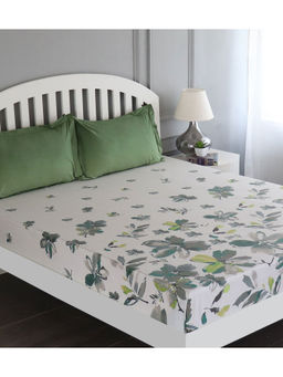 GM - White Green Floral Flat 180 TC Cotton King Bedsheet with 2 Pillow Covers (Set of 3)
