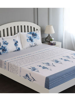 GM - White Blue Floral Flat 180 TC Cotton Queen Bedsheet with 2 Pillow Covers (Set of 3)