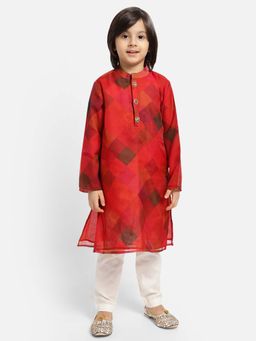 PICCOLO - Red Bias Checks Print Kurta with Off White Pajama (Set of 2)