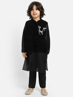 PICCOLO - Black Kurta Pajama with Elegant Velvet Waist Coat (Set of 3)