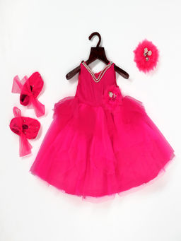 Pink Cow - Pink Embellished Dress And Hair Accessories With Belies (Set of 3)