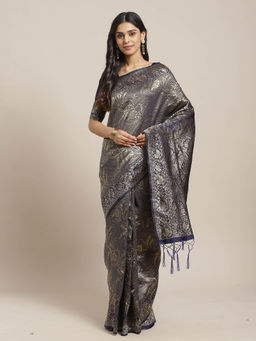 Sareemall - Navy Blue Floral Saree with Unstitched Blouse