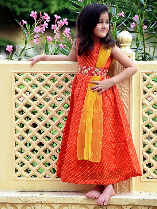 Buy Piccolo Orange Stripes Maxi Dress With Attached Dupatta Online Buy Piccolo Orange Stripes Maxi Dress With Attached Dupatta Online