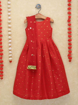 PICCOLO - Red Polka Dot Sleeveless Indian Gown With Dupatta (Set of 2)