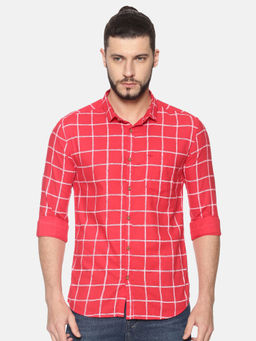 SHOWOFF - Cotton Red Checks Casual Slim Fit Shirt