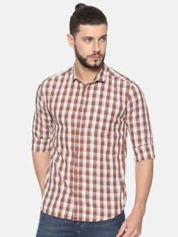SHOWOFF - Cotton Brown Checks Casual Slim Fit Shirt