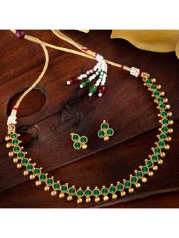 Peora - Gold Plated Green Choker Necklace & Stud Earrings Traditional Temple Jewellery Set-PF04N352G