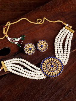 Peora - Gold Plated Pearl Diamond Choker Necklace Round Earrings Traditional Set-PF26N1374WB