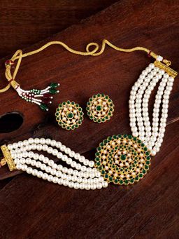Peora - Gold Plated Pearl Diamond Choker Necklace Round Earrings Traditional Set-PF26N1374WG