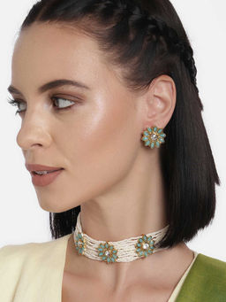 Peora - Gold Plated Wedding Bridal Kundan Pearl Floral Choker Necklace & Earrings -PF37N228SB