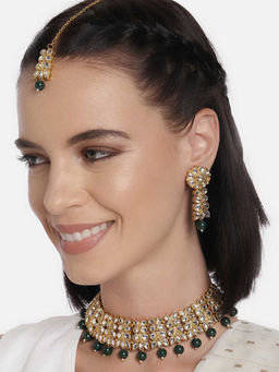 Peora - Gold-plated Brass and Pearl Choker Necklace & Earring (Green_103 gms)-PF37N229G