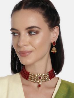 Peora - Maroon Brass Choker Necklace & Earrings (Set of 2)-PF37N231M