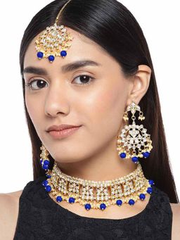 Peora - Blue Brass Choker Necklace and Earrings & Maang Tikka (Set of 3)-PF37N7069B