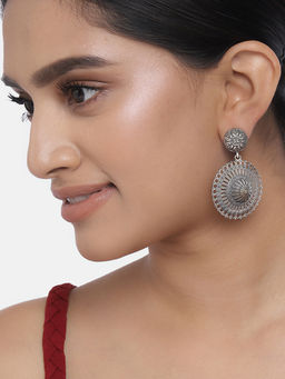 Peora - Tribal Antique Oxidised Silver Plated Wheel Inspired Dangle Drop Earrings Jewellery-PF55E160