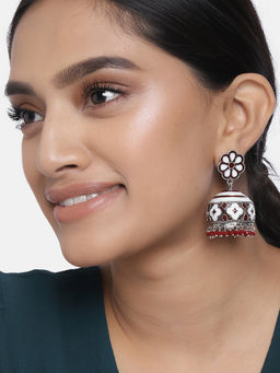 Peora - Silver Plated Wedding Enamel Meenakari Handcrafted Pearl Floral Jhumki Earrings-PF66E31M