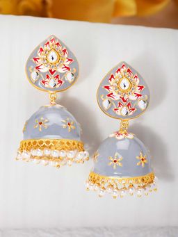 Peora - Traditional Gold-plated Brass and Kundan Jhumki Earrings , Grey-PF77E1496GRY