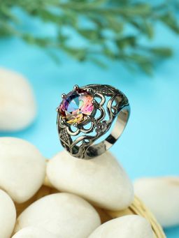 Peora - Round Black Gold Mystic Big Rainbow Topaz Solitaire Ring Engagement Wedding -PX9R25