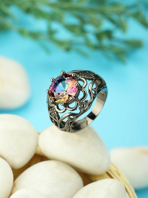 Peora Round Black Gold Mystic Big Rainbow Topaz Solitaire Ring Engagement Wedding -PX9R25