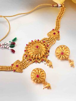 Peora - Gold Plated Beaded Chain Royal Choker Necklace with Earrings Traditional Jewellery-PF04N10RP