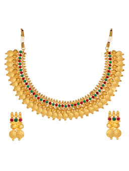 Peora - Gold Goddess Laxmi Coin Necklace & Earrings (Set of 2)-PF04N285RG