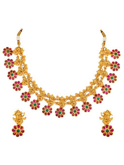 Peora - Gold Plated Ganesh Floral Necklace and Earrings (Set of 2)-PF04N286RG