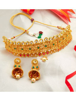 Peora - Ethnic Gold Plated Kundan Pearl Choker Necklace & Earrings (Set of 2)-PF04N346RG