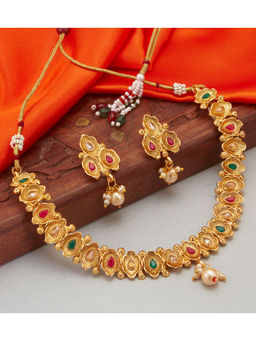 Peora - Traditional Multi-Color Gold Plated Polki Pearl Necklace & Earrings (Set of 2)-PF04N349RG