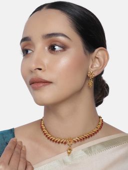 Peora - Gold Plated Traditional Pink Studded Necklace Jewellery Set for Women-PF04N801R