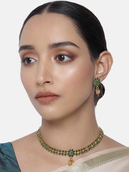 Peora - Gold Plated Traditional Green Studded Necklace Earring Jewellery Set-PF04N802G