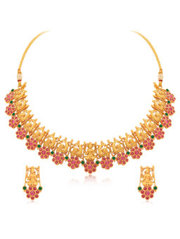 Peora - Gold Plated Red & Green Laxmi Peacock Choker Necklace & Drop Earrings (Set of 2)-PF10N05RG