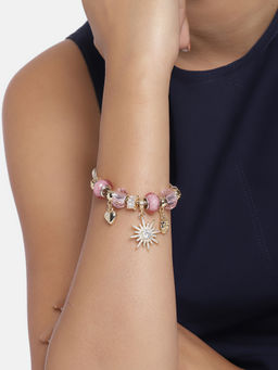 Peora - Snake Chain Pink Gold Plated Murano Beads Heart Charm Openable Bracelet PF19B115GPK