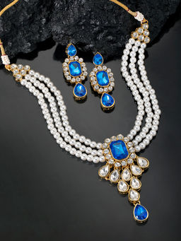 Peora - Blue Crystal Pearl Choker Necklace Earring Traditional Jewellery Set PF24N01B