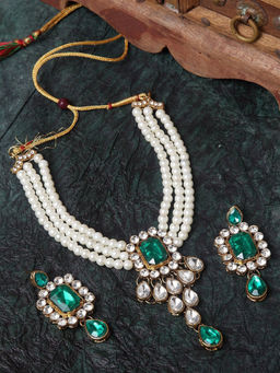 Peora - Green Crystal Pearl Choker Necklace Earring Traditional Jewellery Set PF24N01G