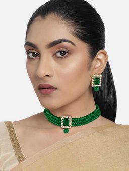 Peora - Gold Plated Faux Pearl Green Choker Necklace with Earrings Jewellery Set - PF24N02G-1
