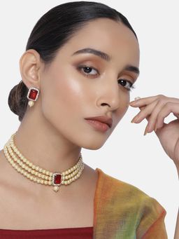 Peora - Gold Plated Traditional Crystal Pearl Beaded Choker Necklace Jewellery Set-PF24N02LCTM