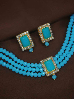 Peora - Gold Plated Traditional Kundan Faux Pearl Sky Blue Choker Necklace & Earrings-PF24N02SB