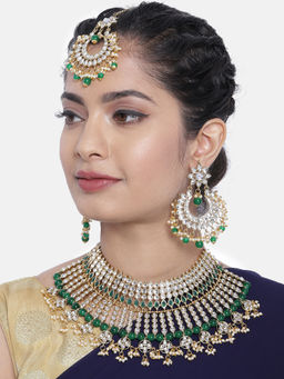Peora - Gold Plated Kundan Choker Necklace Green Bridal Jewellery Set PF24N03G