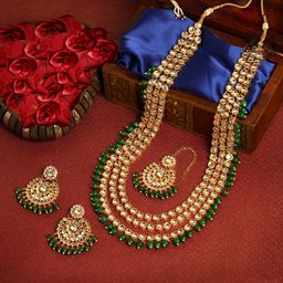 Peora - Green Designer Pearl Long Necklace Set & Earring & Maang Tikka-PF25BRLS106G