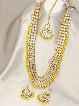 Peora - Yellow Designer Pearl Long Necklace Set & Earring & Maang Tikka-PF25BRLS106Y