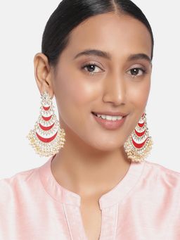 Peora - Gold Plated Red Meenakari Kundan Pearl Chandbali Dangle Earrings Jewellery-PF25E01R