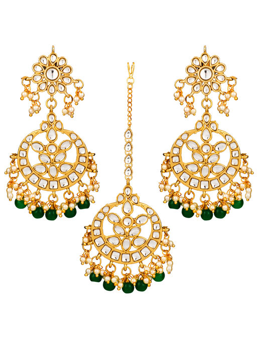 Peora TraditionalGold Plated Green Pearl Maang Tikka & Earring-PF25ET085G