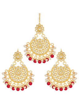 Peora - Traditional Gold Plated Red Faux Bead Chandbali & Maang Tika-PF25ET110R