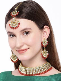 Peora - Traditional And Kundan Fax Pearl Red Necklace Earrings & Maang Tikka Jewellery Set-PF25N004R