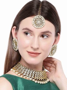 Peora - Traditional And Kundan Pearl Necklace Earrings With Maang Tikka Jewellery Set-PF25N005W